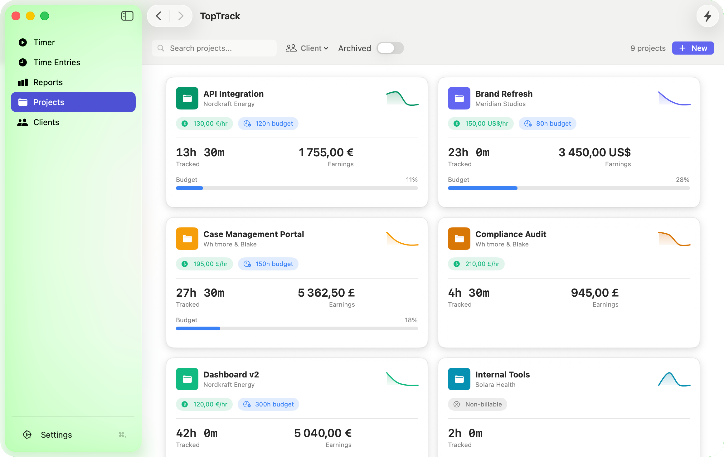 TopTrack Projects — track hours, budgets, and earnings per project